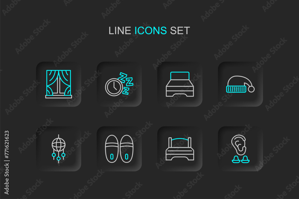 Set line Earplugs and ear, Big bed, Slippers, Dream catcher with feathers, Sleeping hat, Alarm clock and Window curtains icon. Vector