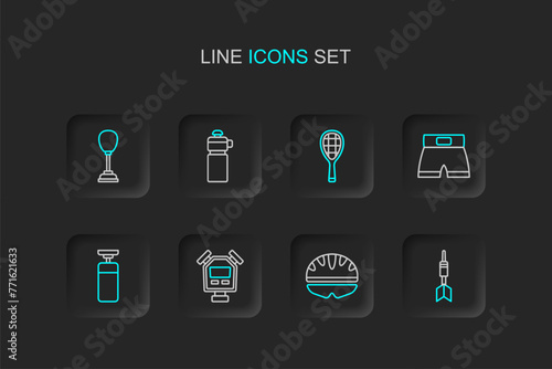 Set line Dart arrow, Bicycle helmet, Stopwatch, Punching bag, Boxing short, Tennis racket, Fitness shaker and icon. Vector