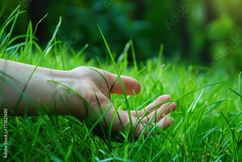 hand in green grass reaching out to human hand