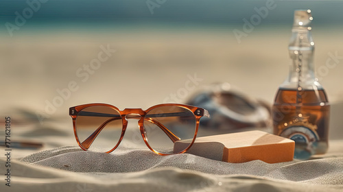 Relaxing beach scene with refreshing cocktail and sun glasses. Retro styled vacation still life.