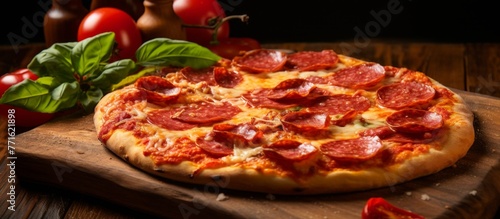 A Californiastyle pizza topped with pepperoni, cheese, and other ingredients is displayed on a wooden cutting board. It is a popular fast food and staple meal made with baked goods and meat