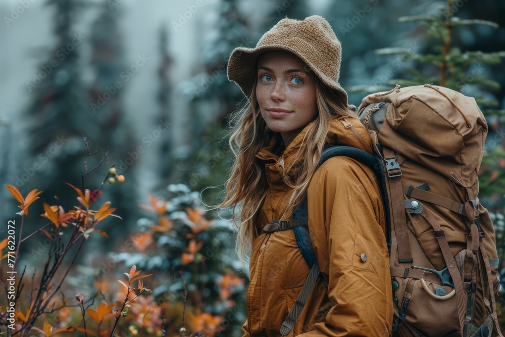 Adventurous woman hiking through an autumnal forest with a large backpack