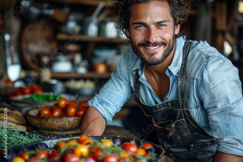 Cheerful male chef posing with fresh tomatoes in a rustic kitchen setting photo