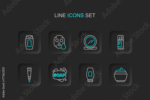 Set line Cream or lotion cosmetic tube, Bottle of shampoo, Bar soap, Shaving gel foam, Makeup powder with mirror, Facial mask and icon. Vector © Iryna