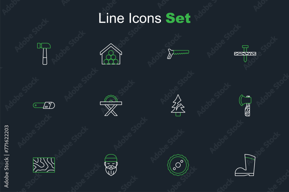 Set line Waterproof rubber boot, Circular saw blade, Lumberjack, Wooden beam, axe, Tree, Electric circular and Chainsaw icon. Vector Set line Waterproof rubber boot, Circular saw blade, Lumberjack, Wooden beam, axe, Tree, Electric circular and Chainsaw icon. Vector