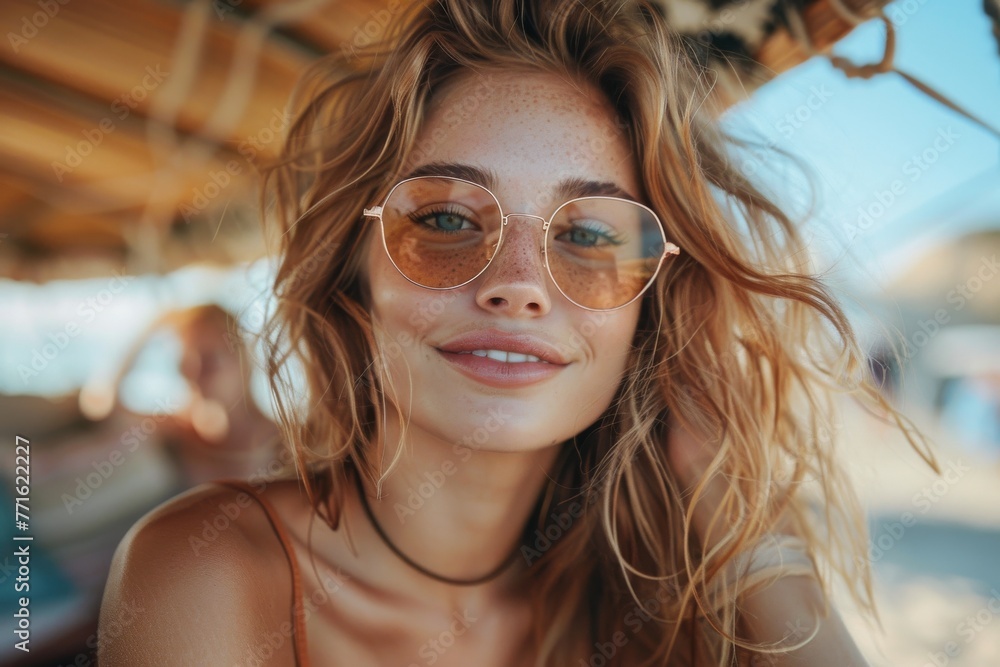 Relaxed and happy young woman enjoying a sunny day at the beach with stylish sunglasses Relaxed and happy young woman enjoying a sunny day at the beach with stylish sunglasses