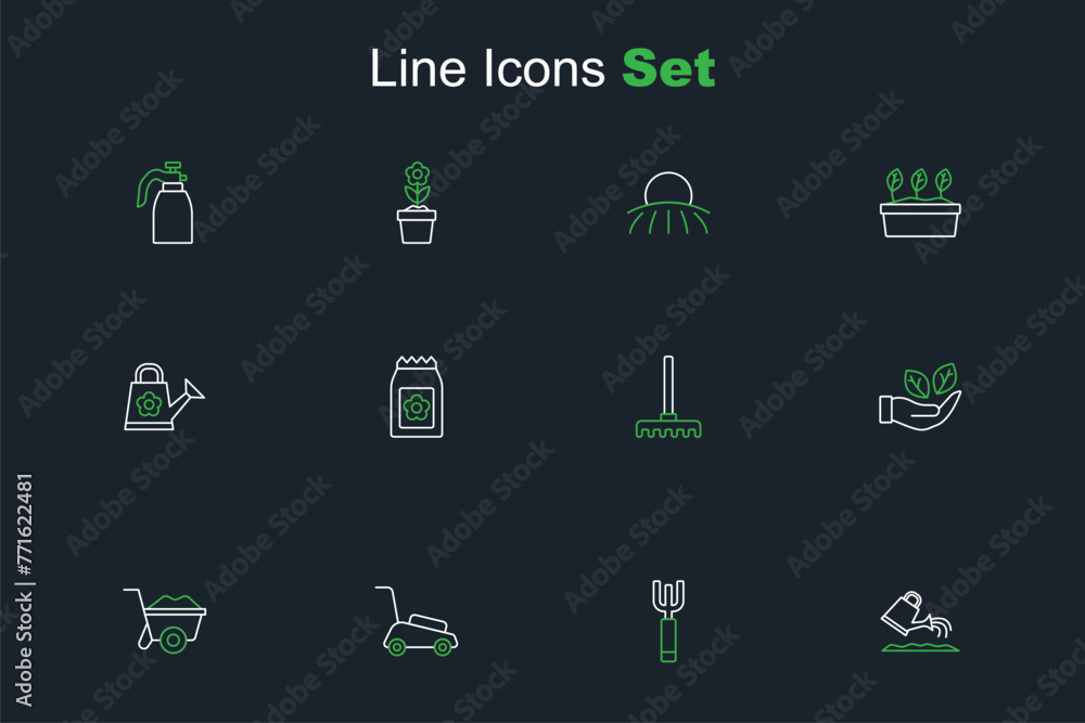 Set line Watering can, Garden pitchfork, Lawn mower, Wheelbarrow, Leaf hand, rake, Pack full of seeds and icon. Vector Set line Watering can, Garden pitchfork, Lawn mower, Wheelbarrow, Leaf hand, rake, Pack full of seeds and icon. Vector