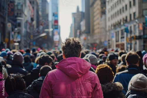 Man standing out from large crowd of people in the middle of the street