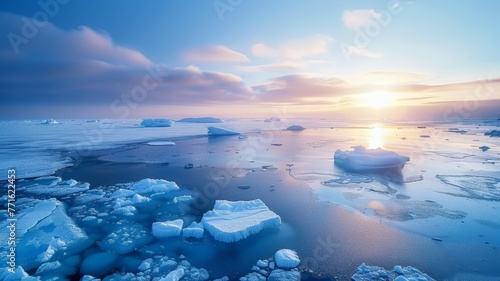 The sun sets over a collection of icebergs floating in the ocean  casting a warm glow on the icy structures