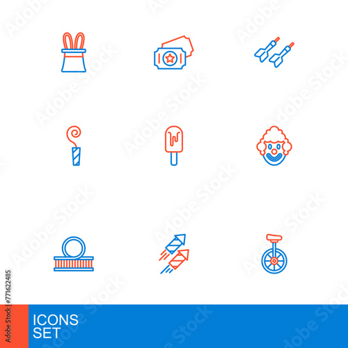 Set line Unicycle, Firework rocket, Roller coaster, Clown head, Birthday party horn, Ice cream, Dart arrow and Circus ticket icon. Vector