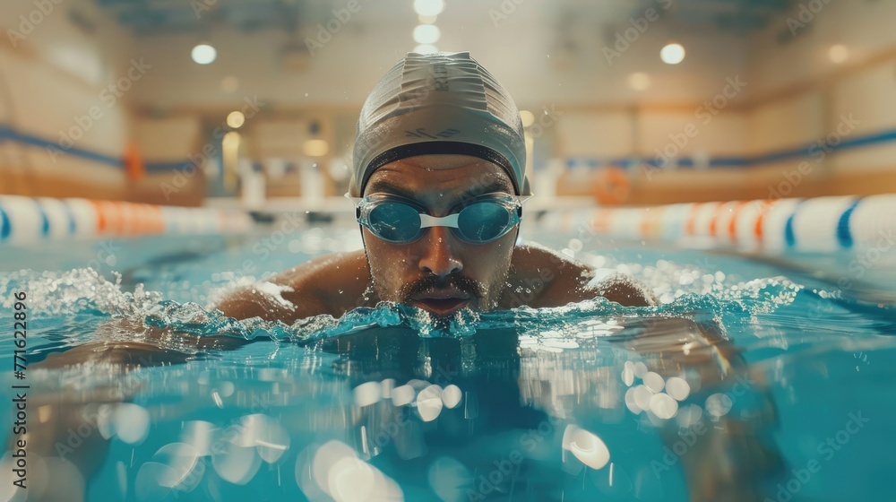 Obraz premium Professional swimmer man doing exercise in indoor swimming pool.