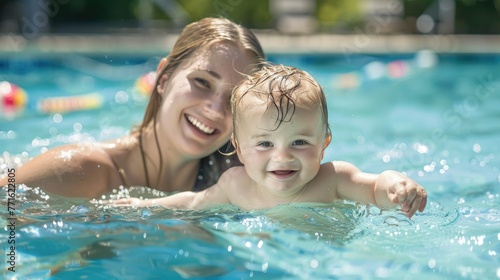 Happy mother teaching baby swimming pool. © Oulaphone