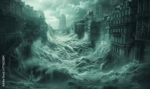 Flooding city with turbulent waters from a tsunami Final Biblical Events of Revelation book, Generative AI