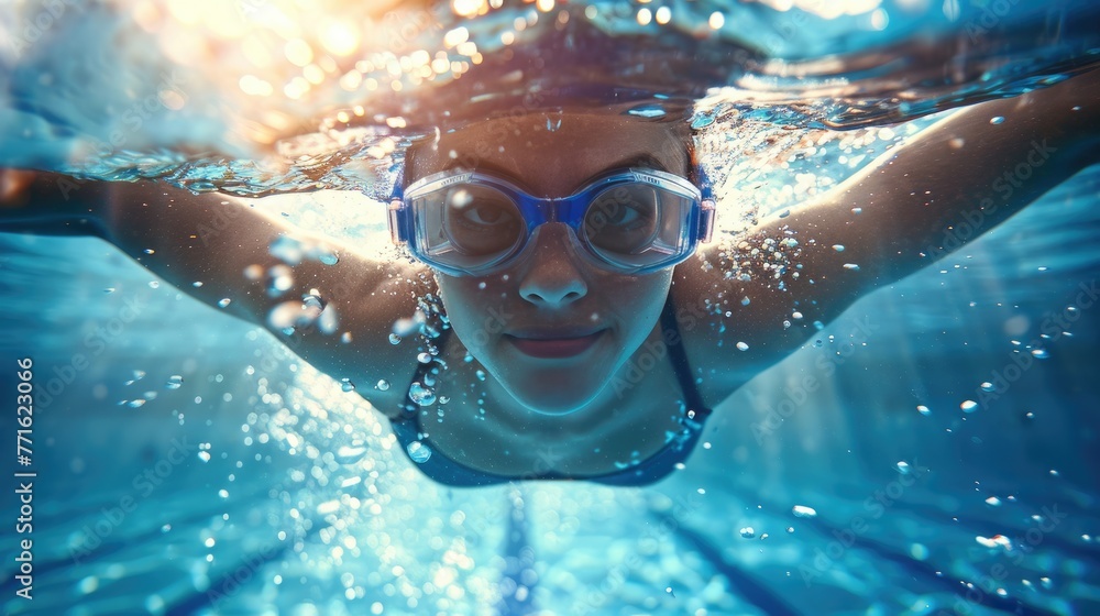 Female swimmer wearing hat and goggles on indoor swimming pool.