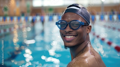 Smiling African American wearing hat and goggles on indoor swimming pool. © Oulaphone