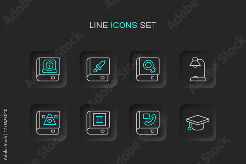 Set line Graduation cap, Phone book, Book, Ancient magic, Table lamp, about women, weapon and User manual icon. Vector