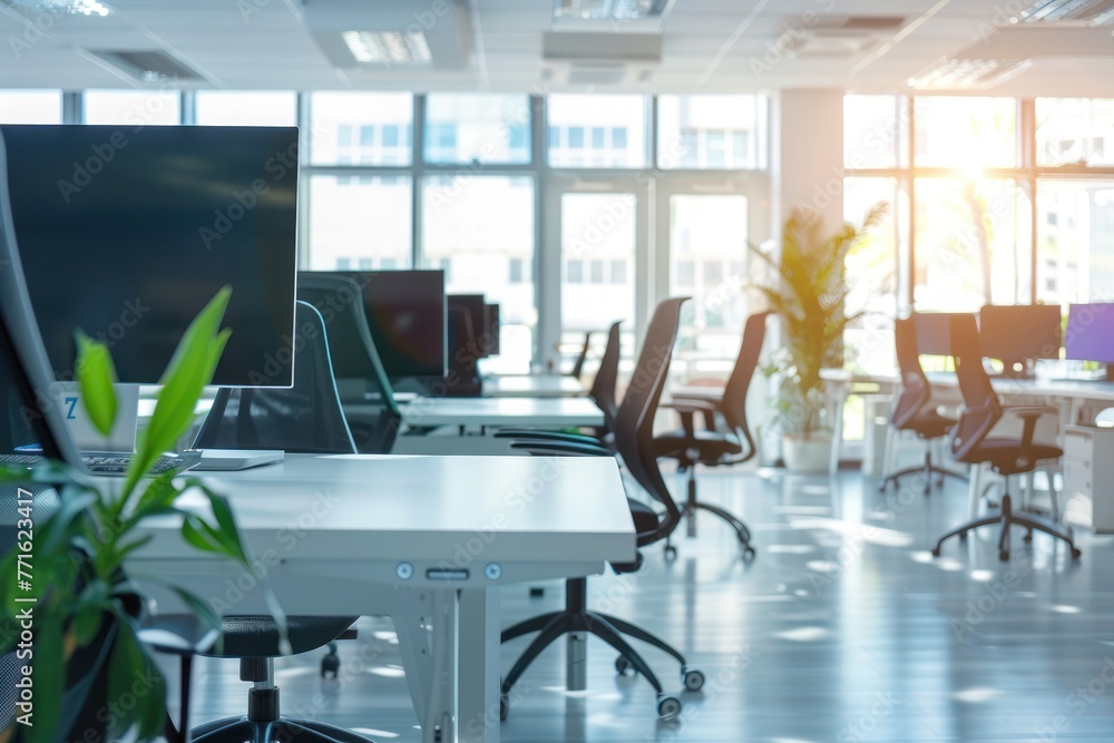 Open space modern bright office background with many chairs and desks ...