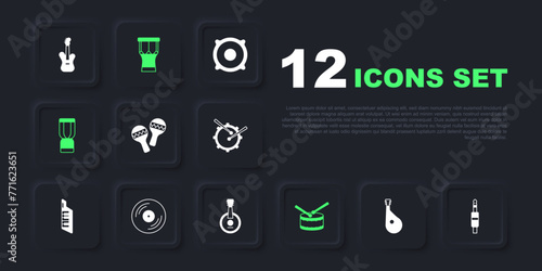 Set Bandura, Audio jack, Maracas, Drum with drum sticks, African djembe, Vinyl disk, percussion and Banjo icon. Vector