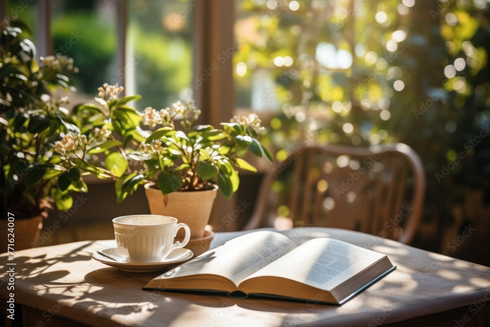Coffee Cup and Open Book on Table Coffee Cup and Open Book on Table