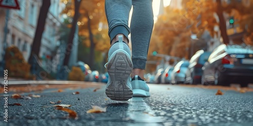 A person wearing running shoes jogging on a city street focusing on their feet from behind. Concept City Running, Footwear Focus, Active Lifestyle, Urban Jogging, Motion Capture photo