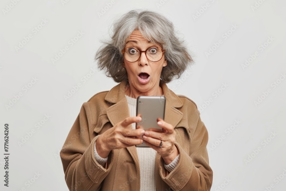 Shocked and surprised middle aged woman reading news using a smartphone Shocked and surprised middle aged woman reading news using a smartphone