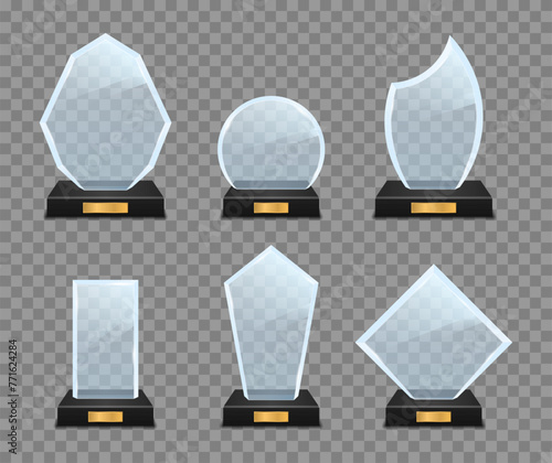 Set of glass trophy award. Realistic glass trophy award, clear diamond winner prizes. Crystal prize with blank golden plank 3D. Achievement and success. Competition winner reward. Vector illustration.