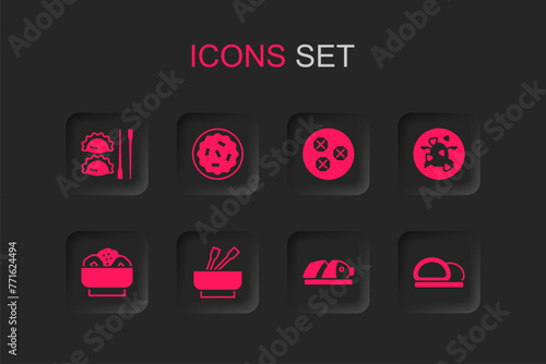 Set Asian noodles in bowl, Homemade pie, Dumpling with chopsticks, Fish sliced pieces, Kung Pao chicken, Sushi, Wonton and Chow mein plate icon. Vector