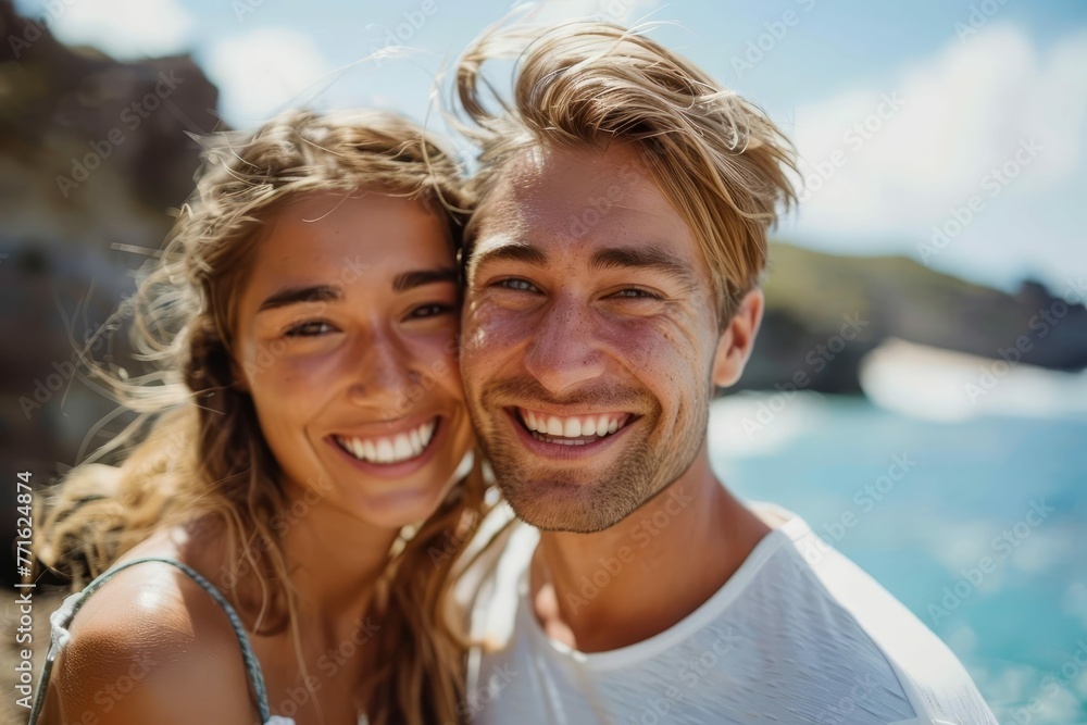 Beautiful young couple smiling on summer day at beach, lifestyle photography