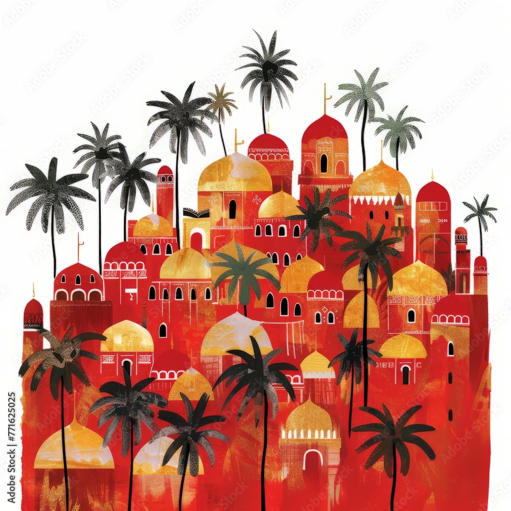 Obraz premium A painting featuring a city skyline with towering buildings and lush palm trees in the foreground