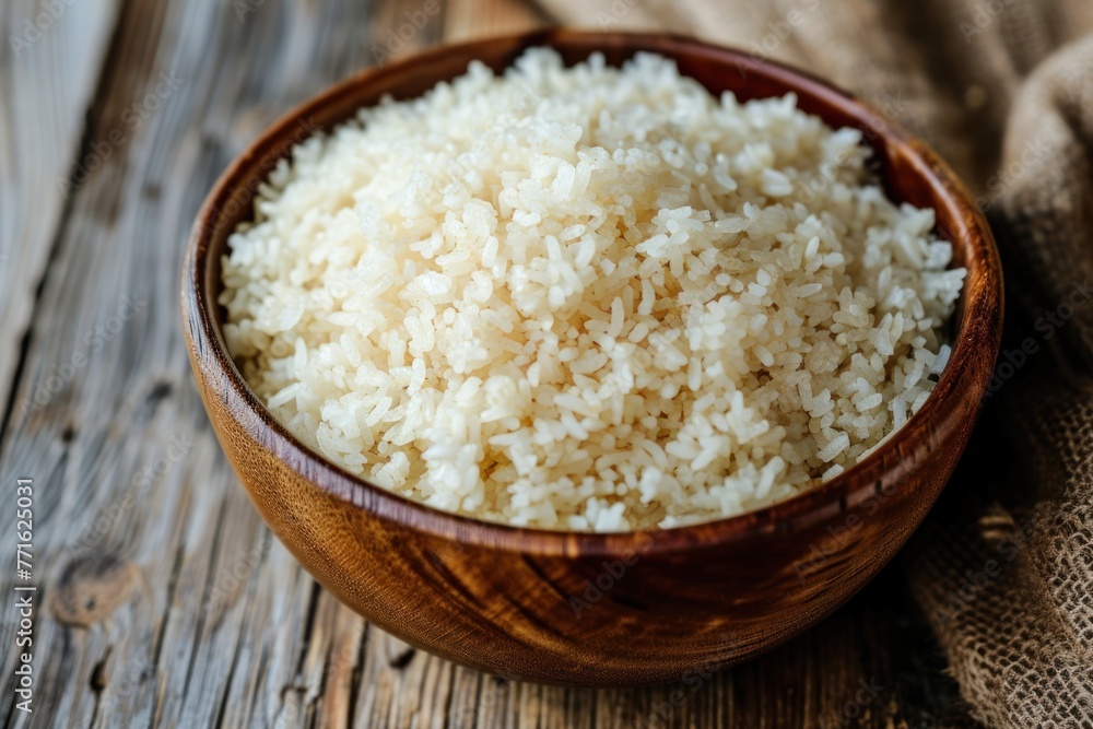 Wooden Bowl Filled With Rice on Wooden Table Wooden Bowl Filled With Rice on Wooden Table