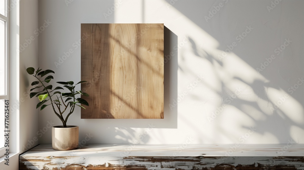 Rustic Wooden Plank by Window with Plant - obrazy, fototapety, plakaty 