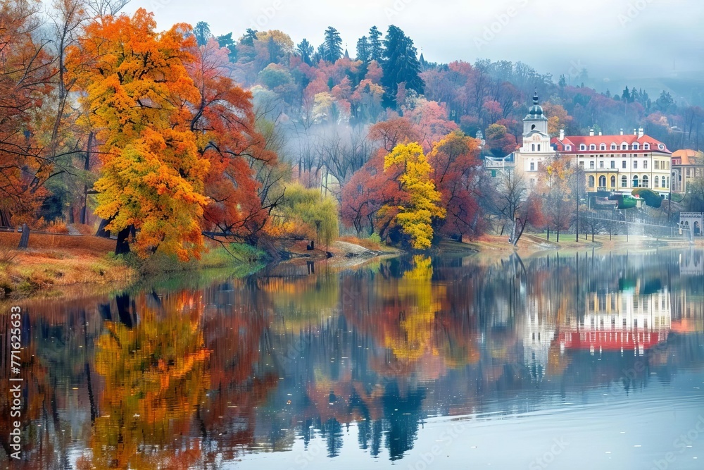 Autumnal landscape with colorful trees reflecting in Vltava River, Czech Republic - European scenic view