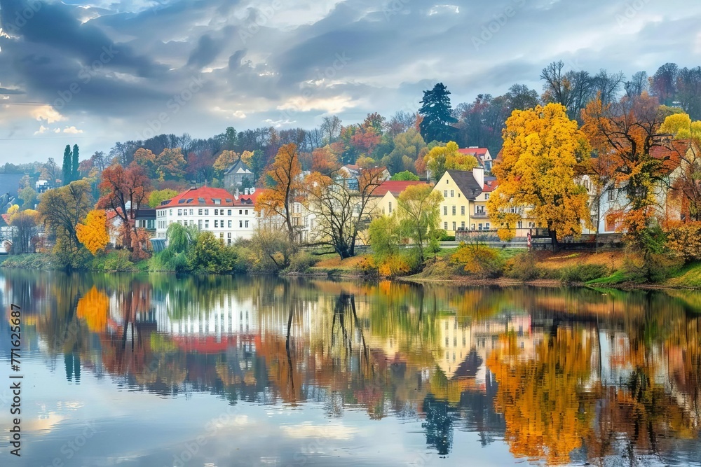 Autumnal landscape with colorful trees reflecting in Vltava River, Czech Republic - European scenic view