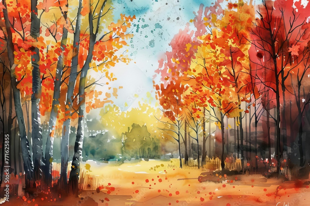 Autumn forest landscape with colorful trees, watercolor painting of fall season