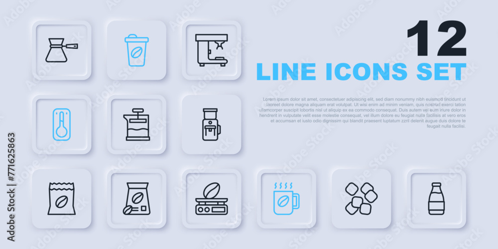 Set line Sugar cubes, Milk bottle, French press, Coffee cup, thermometer, Bag coffee beans, to go and Electronic scales icon. Vector Set line Sugar cubes, Milk bottle, French press, Coffee cup, thermometer, Bag coffee beans, to go and Electronic scales icon. Vector