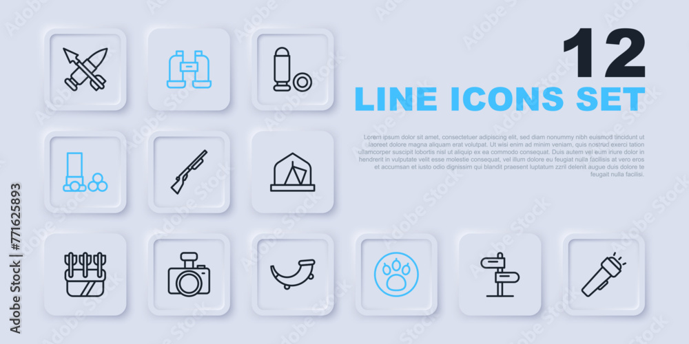 Set line Road traffic sign, Flashlight, Hunting gun, Paw search, Cartridges, Photo camera, Binoculars and horn icon. Vector Set line Road traffic sign, Flashlight, Hunting gun, Paw search, Cartridges, Photo camera, Binoculars and horn icon. Vector