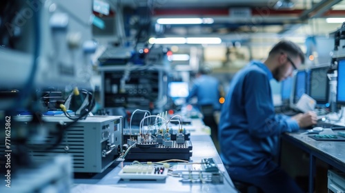 Technician working on electronic components in a modern manufacturing facility with blurred foreground of equipment and precise instruments.