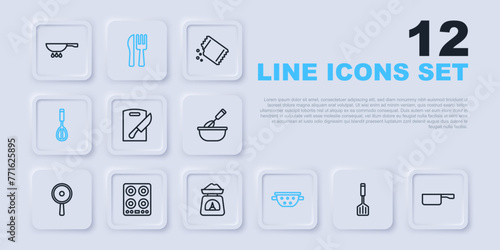 Set line Spatula, Frying pan, Cutting board and knife, Kitchen colander, whisk, Gas stove, Crossed fork and Scales icon. Vector