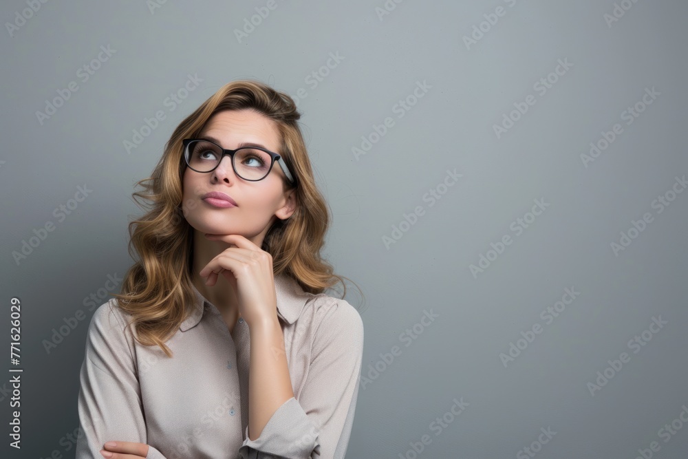 woman thinking about an idea Isolated on dark grey white background woman thinking about an idea Isolated on dark grey white background