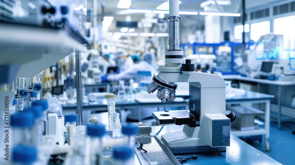 Obraz premium A modern laboratory with a prominent microscope in the foreground and scientists working at benches in the background.