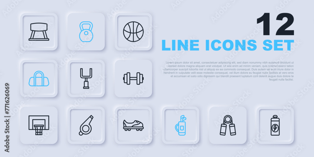 Set line Sport expander, Fitness shaker, American football goal post, Golf bag with clubs, Whistle, Weight and Football shoes icon. Vector Set line Sport expander, Fitness shaker, American football goal post, Golf bag with clubs, Whistle, Weight and Football shoes icon. Vector