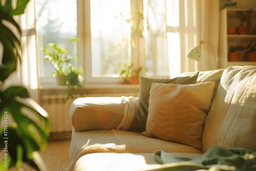 Fototapeta premium Sunny living room with focus on empty couch and blurred background