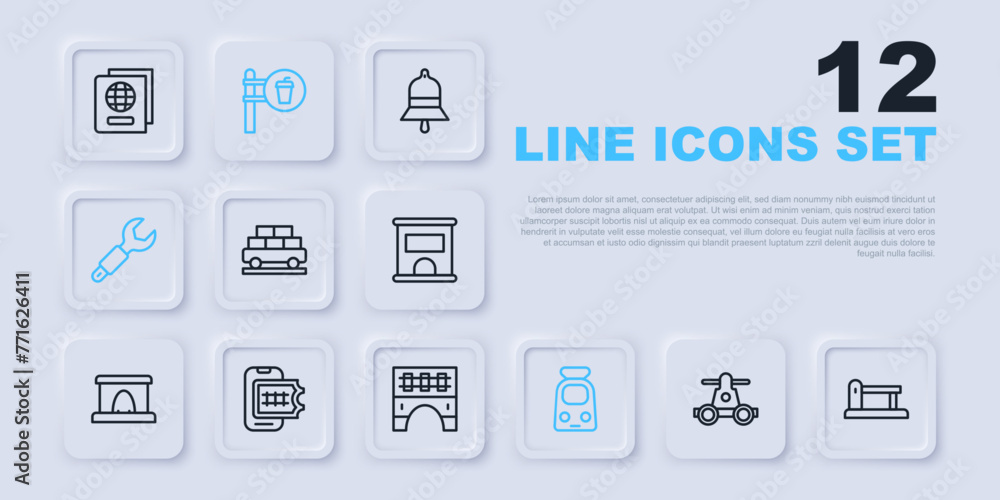Set line Handcar transportation, Railway barrier, Cargo train wagon, Train railway, Wrench spanner, Online ticket booking, Cafe restaurant location and Bridge for icon. Vector Set line Handcar transportation, Railway barrier, Cargo train wagon, Train railway, Wrench spanner, Online ticket booking, Cafe restaurant location and Bridge for icon. Vector