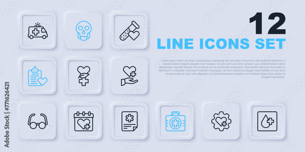 Set line Heart with cross, Blood test, Ethnoscience, First aid kit, Patient record, Doctor appointment, Skull and icon. Vector Set line Heart with cross, Blood test, Ethnoscience, First aid kit, Patient record, Doctor appointment, Skull and icon. Vector
