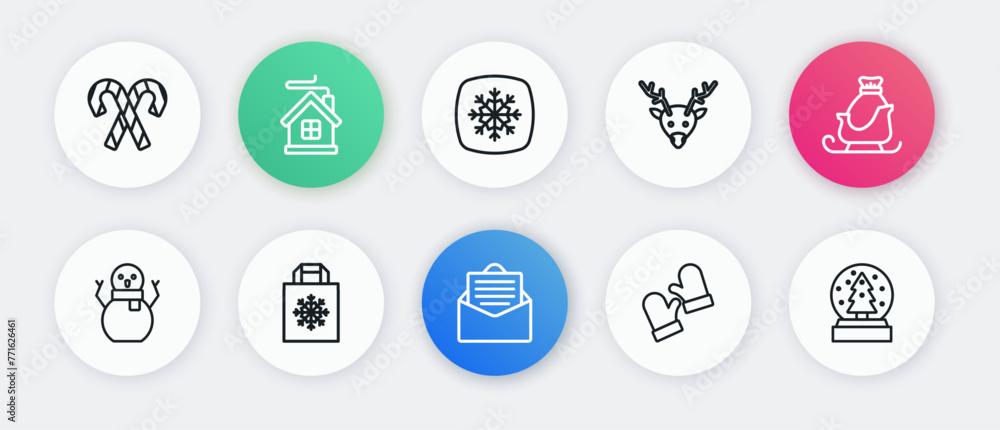 Set line Envelope, Christmas santa claus sleigh, snowman, mittens, Reindeer, Snowflake, globe and shopping bag icon. Vector Set line Envelope, Christmas santa claus sleigh, snowman, mittens, Reindeer, Snowflake, globe and shopping bag icon. Vector