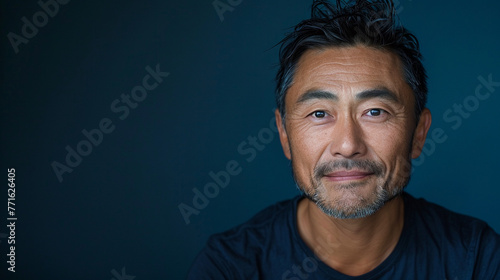 A portrait of a charming Asian man his face lit up with happiness and astonishment