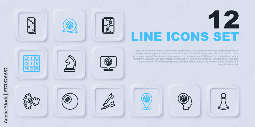 Set line Game dice, Chess pawn, Bingo card, Billiard pool snooker ball, and Dart arrow icon. Vector Set line Game dice, Chess pawn, Bingo card, Billiard pool snooker ball, and Dart arrow icon. Vector