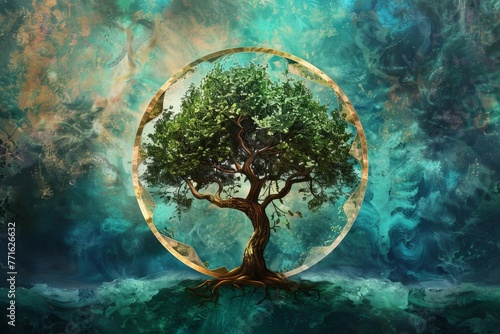 Artistic representation of tree of life, sacred symbol of growth and prosperity, digital art photo