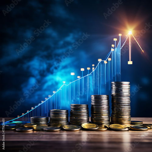  Financial growth and success symbolized by a stack of coins rising alongside an upward trending chart. selective focus.