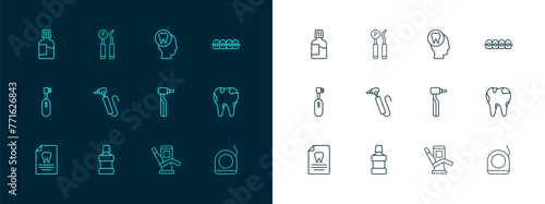 Set line Teeth with braces, Mouthwash, Tooth drill, Medical dental chair, Toothache, and Dental mirror and probe icon. Vector